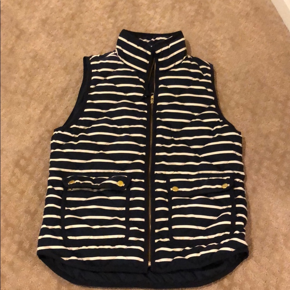 jcrew navy and cream striped excursion puffer vest
